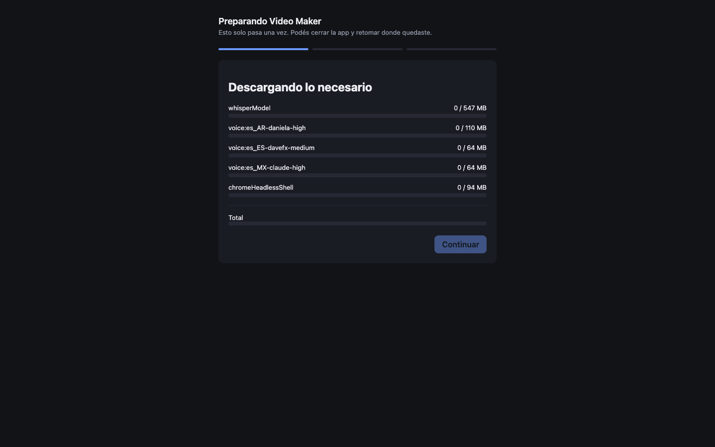 Ventana de primer arranque mostrando la lista de descargas: modelo de transcripción, tres voces y el navegador para renderizar