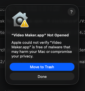 Diálogo de macOS: “Video Maker.app” No Opened / No se pudo abrir, con los botones Move to Trash / Mover a la papelera y Done / Listo