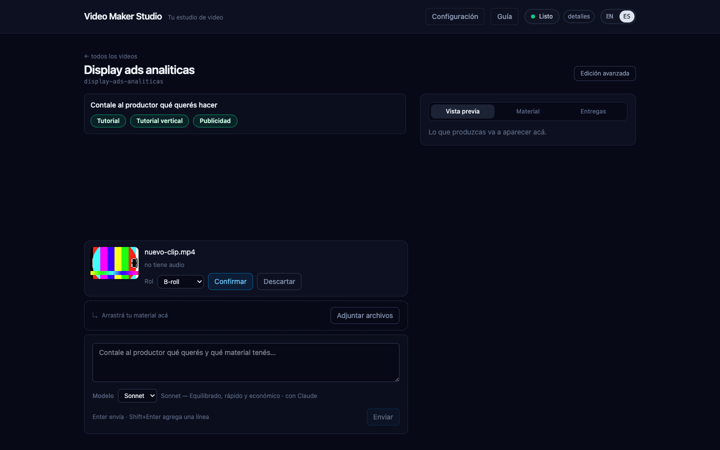 Al soltar un archivo nuevo, el productor propone un rol (acá "B-roll") para confirmar o descartar