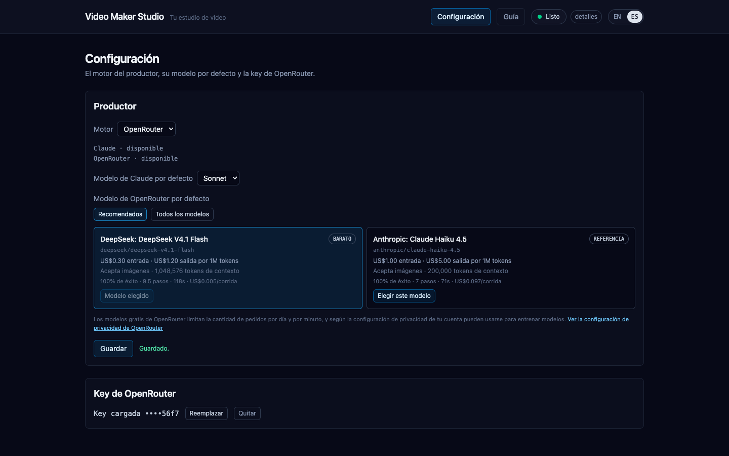 Configuración → Productor con OpenRouter elegido, los modelos recomendados y el hint de la key ya cargada