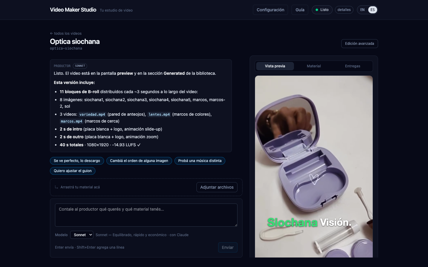 Conversación con el productor de IA y, a la derecha, la vista previa de un render ya terminado